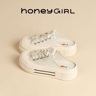 新中式 百搭高跟弹力包头半拖女鞋 HoneyGIRL帆布女鞋 2024春夏秋款