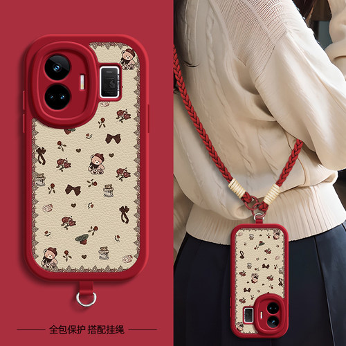 适用realme真我neo7手机壳玫瑰小熊GTneo6/5/3带挂绳GT6/5/7pro女realmeGT新款realmeGTneo2T外壳真我11pro