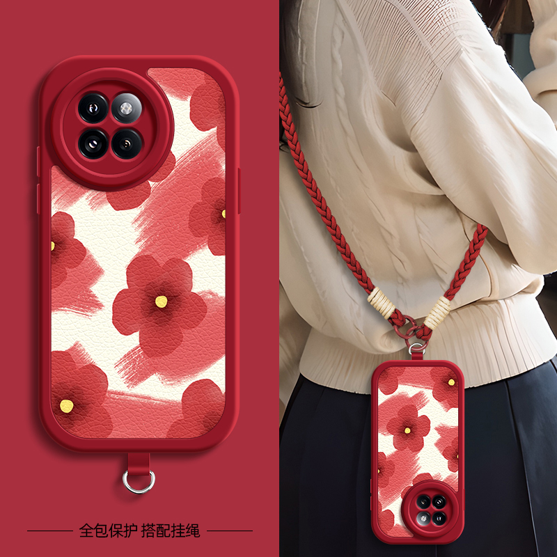 红色花适用小米Civi5pro手机壳带挂绳小米civi4/3/2/1/1s新款小米Mix4保护套civi3硅胶外壳镜头全包防摔