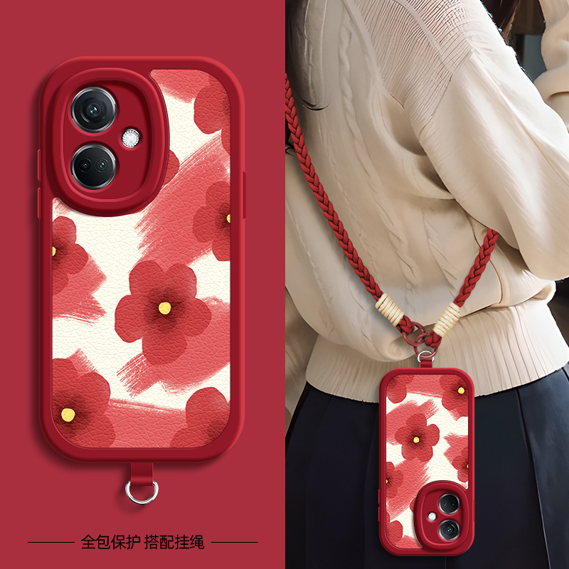 红色花适用OPPOK13Turbo手机壳带挂绳OPPOK12/11/10/7新款K13TurboPro保护套K12Plus硅胶外壳K11x/K10x防摔