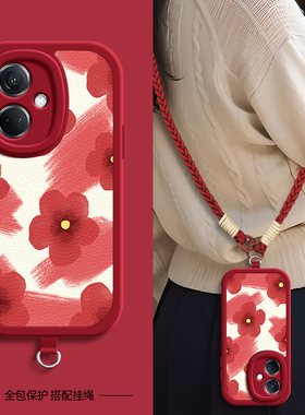 红色花适用OPPOK13Turbo手机壳带挂绳OPPOK12/11/10/7新款K13TurboPro保护套K12Plus硅胶外壳K11x/K10x防摔