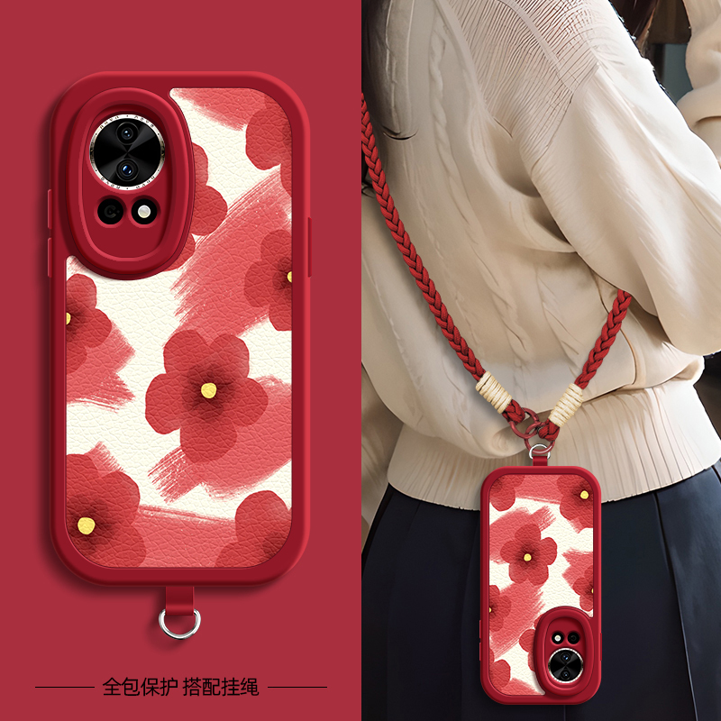 红色花适用华为NOVA14手机壳带挂绳nova13pro/12/11/10/9/8/7/6/5/4新款14ultra保护套8se活力版10z硅胶