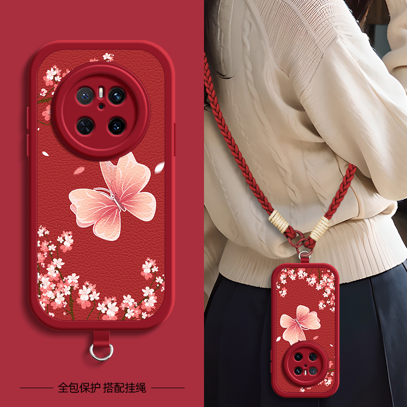 适用华为mate60pro手机壳蝴蝶花Mate70保护套mate50/40/30/20带挂绳mete70pro+十全包防摔30epro外壳40e女