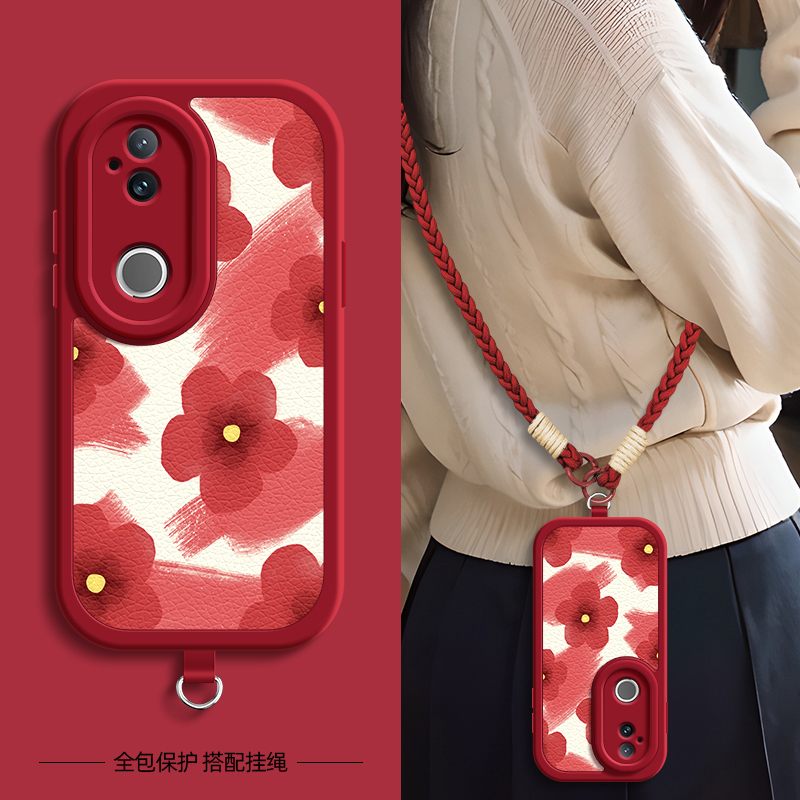 红色花适用vivos30手机壳带挂绳S30ProMini新款S20/19/18/17/16/15/12/10/9/7/1保护套S18e/17e/16e外壳