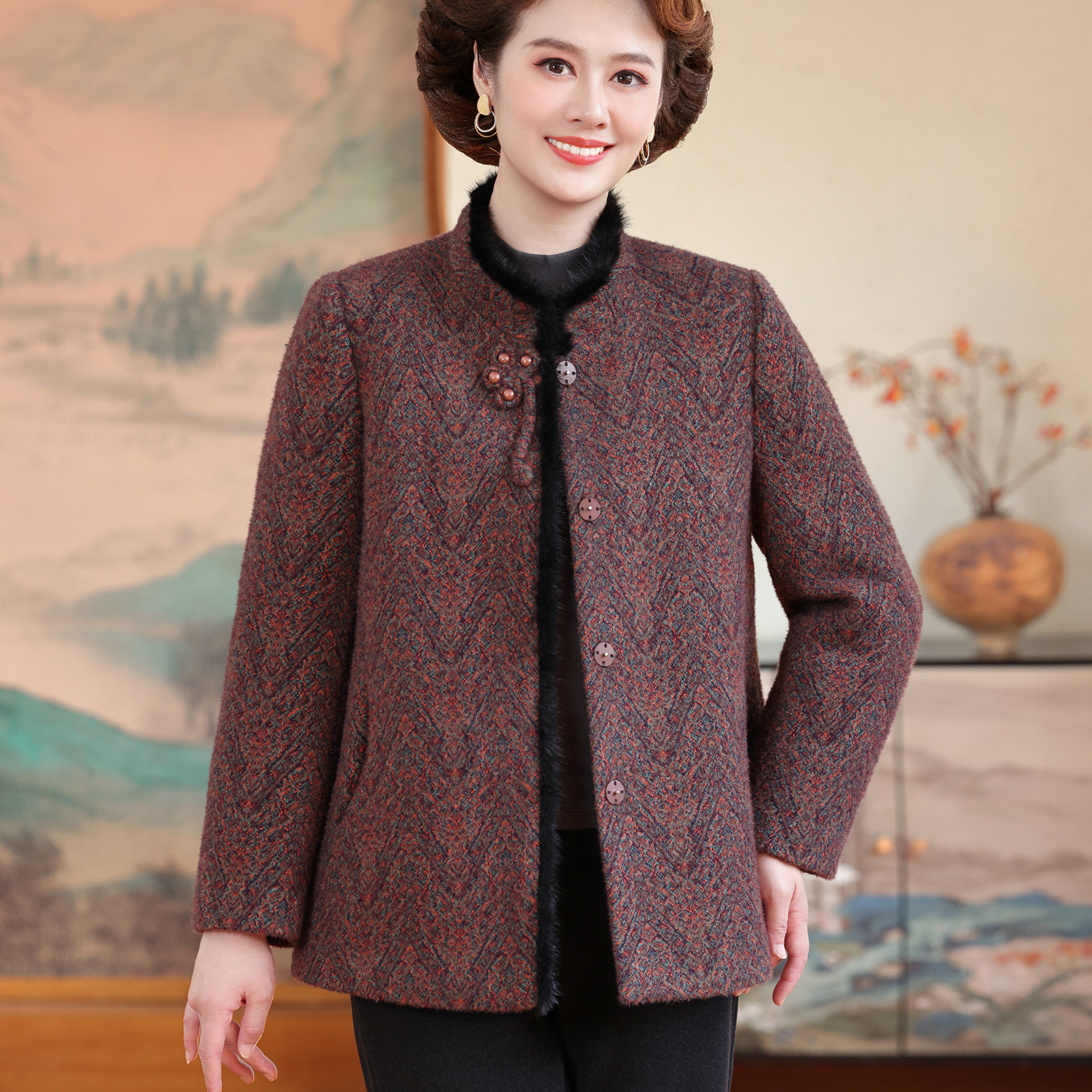 高端妈妈冬装毛呢加棉外套新款中老年女装加厚上衣中年人秋冬衣服