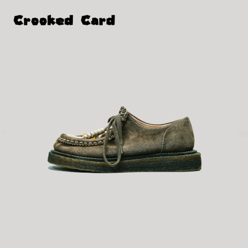 CROOKED CARD 水洗做旧绿 烟胶低袋鼠鞋 复古百搭休闲鞋 乐福鞋