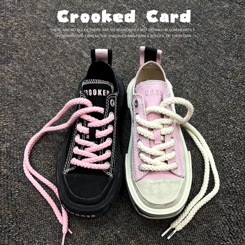 【断码福利】Crooked Card小众设计感厚底方头帆布鞋女休闲板鞋男