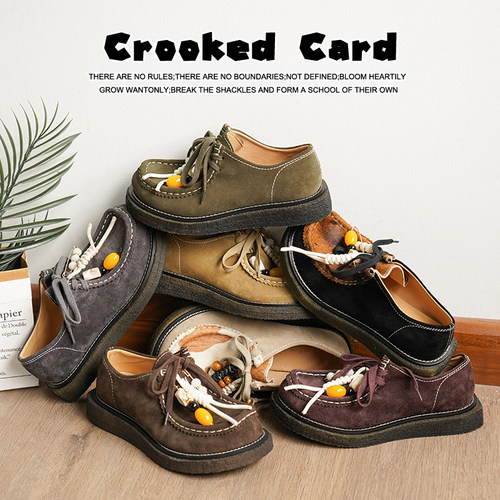 CROOKED CARD  秋冬时尚复古方头袋鼠休闲版鞋厚底百搭女皮鞋