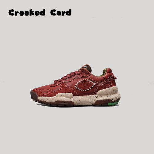 CROOKED CARD复古马皮酒红色厚底增高鞋百搭休闲鞋水洗做旧运动鞋