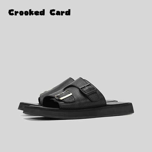 Crooked Card 歪牌设计师 外穿厚底女拖鞋真皮一字拖休闲百搭凉拖
