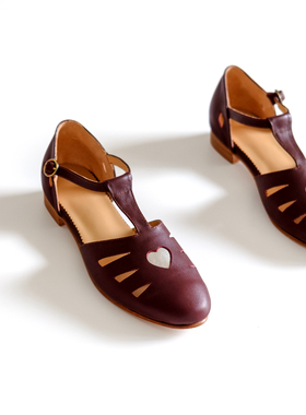 |女鞋|真皮底复古vintage针扣拼色凉鞋爱心镂空swing摇摆舞鞋mute