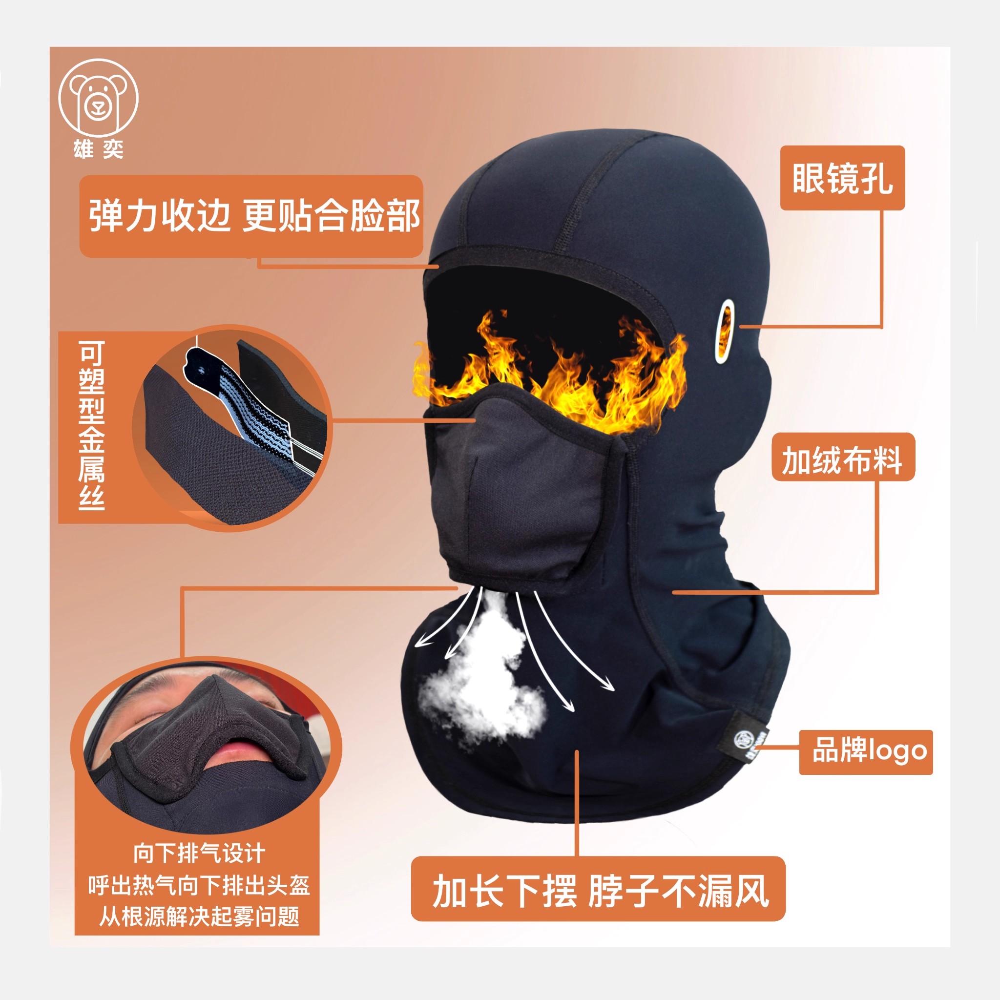 雄奕冬季机车电瓶车骑行保暖防雾头套2.0新版