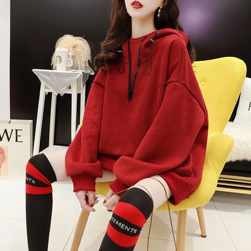 출산 스웨터 여성 벨벳 두꺼운 가을 겨울 의류 2023 새로운 한국 스타일 캐주얼 느슨한 중간 길이 후드 탑 유행