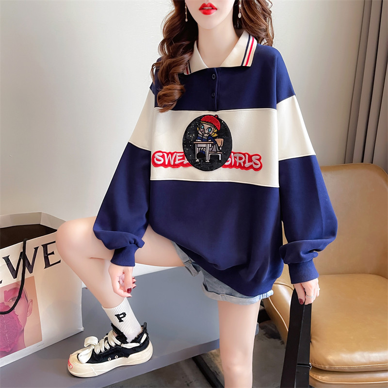 임부복 가을 의류 여성용 연령 감소 폴로 칼라 스웨트셔츠 트렌디한 엄마를 위한 얇은 2023 새로운 캐주얼 루즈 봄 가을 상의
