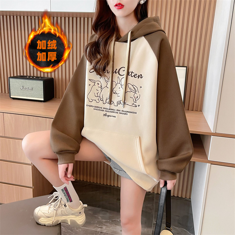 출산 가을 겨울 착용 와플 복합 벨벳 탑 여성을위한 새로운 한국어 스타일 중간 길이 대비 색상 후드 겨울 운동복