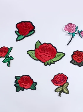 玫瑰花刺绣布贴破洞衣服辅料背胶羽绒服装饰简约红色时尚厂家直销