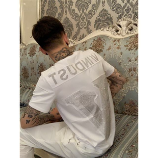 男潮牌网红修身 欧洲站夏季 潮流新款 圆领烫钻短袖 T恤青年 纯棉大码