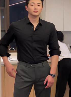 雅痞风黑色男士衬衫修身长袖上衣高级感痞帅成熟稳重商务男装衬衣