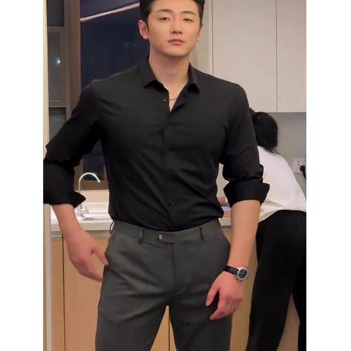 雅痞风黑色男士衬衫修身长袖上衣高级感痞帅成熟稳重商务男装衬衣