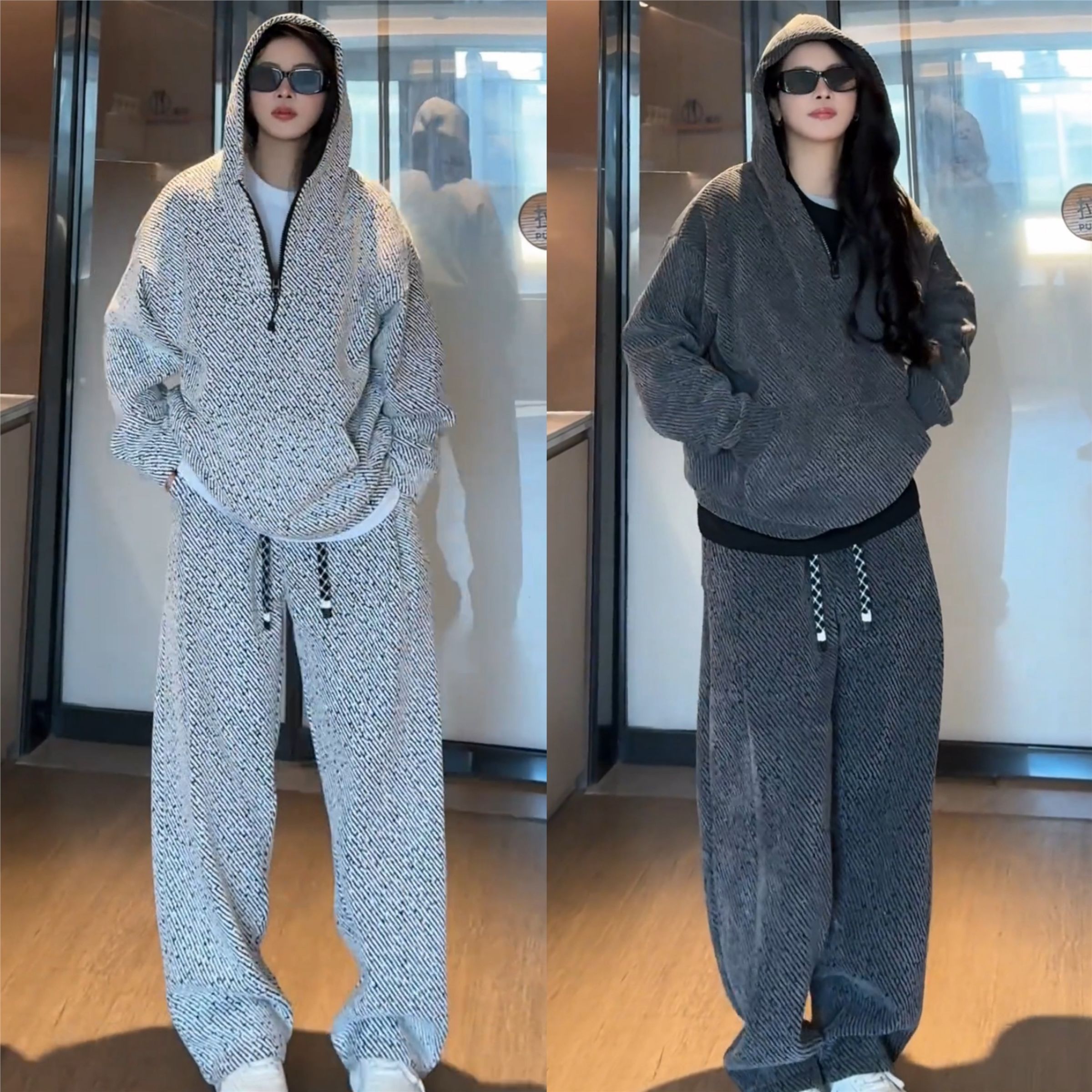 春秋新款银丝斜条纹休闲运动套装男女同款潮牌连帽卫衣阔腿直筒裤