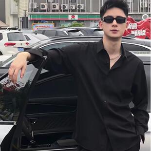 痞帅衬衫男长袖春季黑色潮牌发型师男装衬衣潮流韩版修身网红寸衫