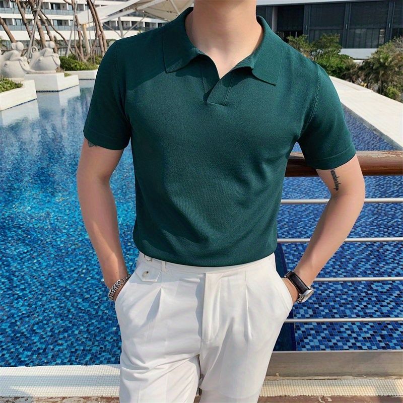 条纹冰丝翻领短袖Polo衫男士夏季薄款修身V领针织T恤男休闲打底衫