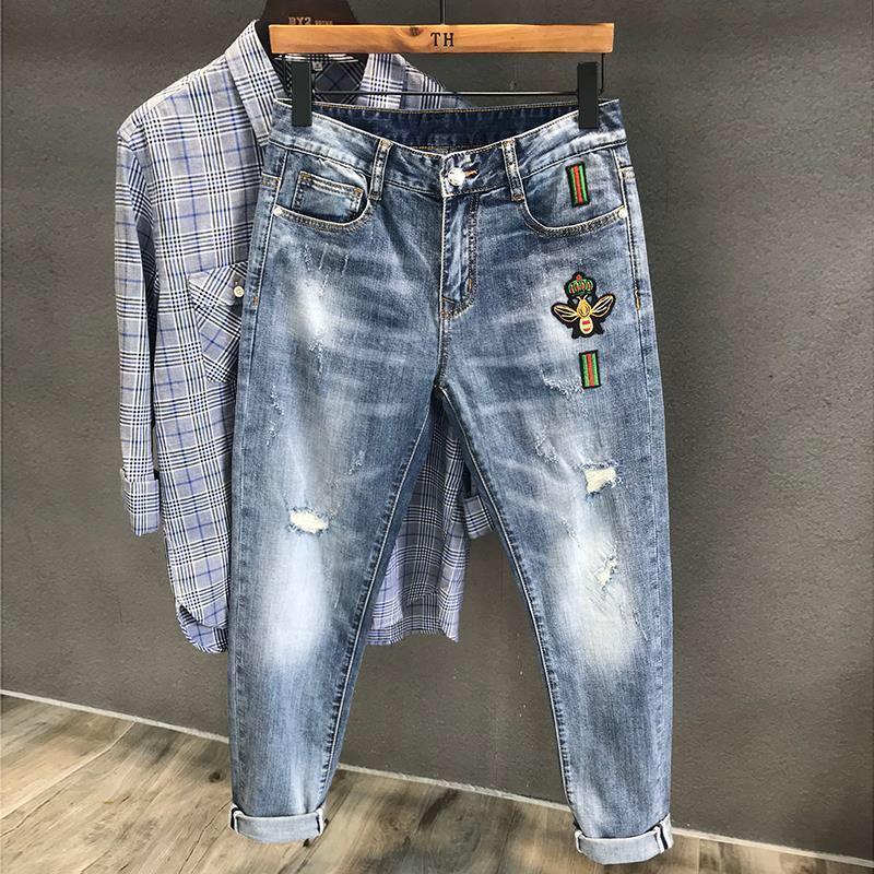 九分牛仔裤男韩版潮流修身网红水洗破洞潮牌9分夏季新款弹力小脚