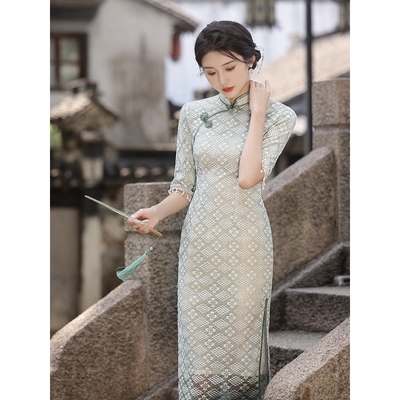 进口红眸2023秋冬新款改良蕾丝旗袍连衣裙中长款雪尼尔旗袍