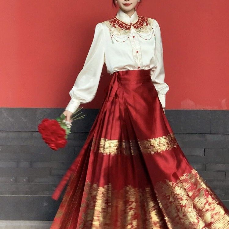 进口【喜上眉梢】2023新款秋季新中式上衣红色马面裙敬酒订婚服新