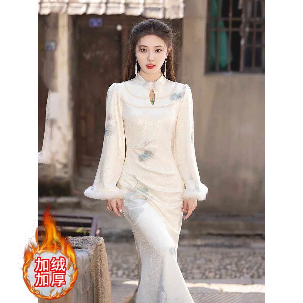 进口原创旗袍2025年新款新中式少女鱼尾连衣裙改良修身秋冬季加绒