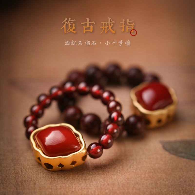 进口小叶紫檀古法金镶嵌宝石转运珠戒指女石榴石食指细款指环尾戒