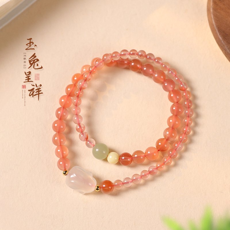 进口荔枝冻小玉兔冰飘南红玛瑙手串和田玉蜜蜡隔珠双圈手链女手饰