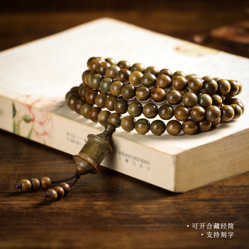 进口绿檀木手串转经轮楞严咒108颗檀香木佛珠手链男女毛衣项链可