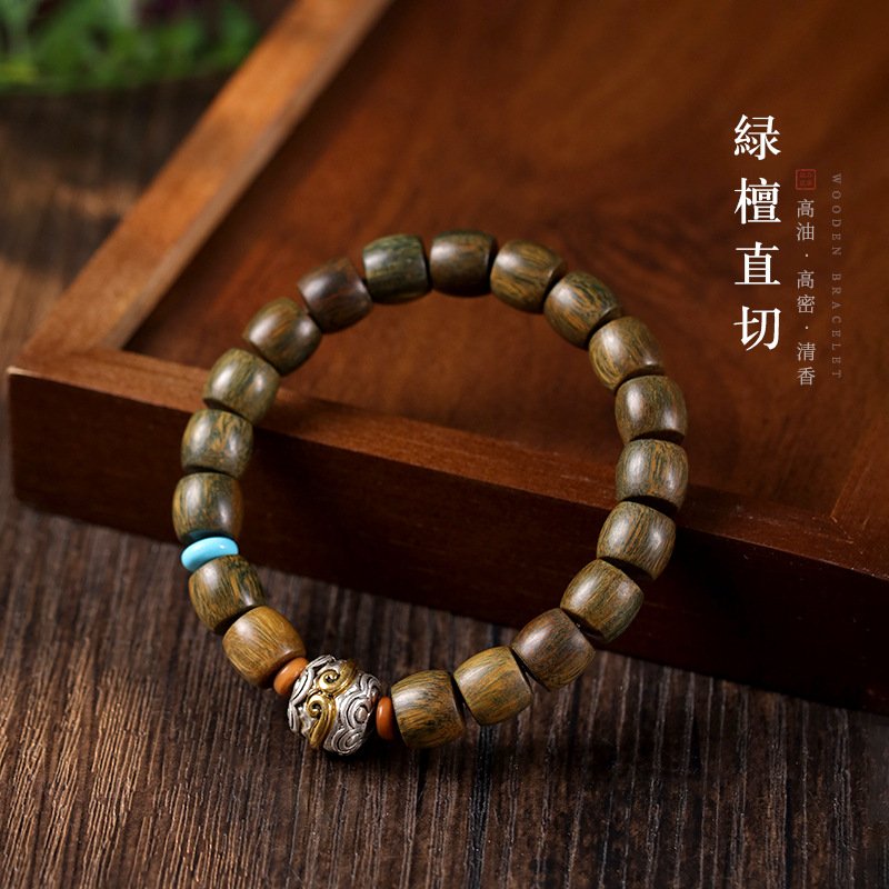 进口绿檀木直切桶珠手串民族风藏银紧箍咒手串男女款手饰木质手链