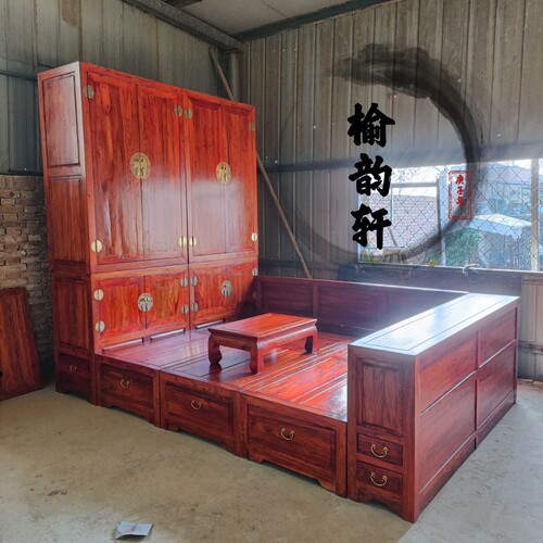 北方老榆木衣柜床柜一体榻榻米