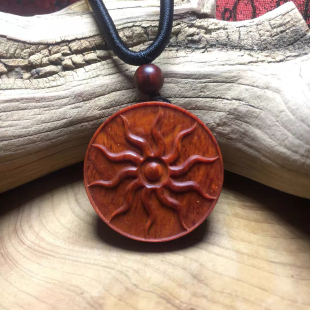 印度小叶紫檀火焰太阳神男女项链时来红木雕吊坠