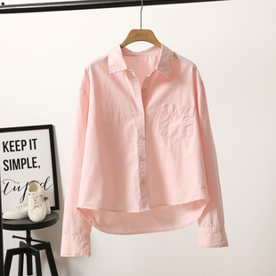 时尚 短款 淡粉色棉衬衫 女字母口袋宽松休闲衬衣百搭休闲上衣长 新品