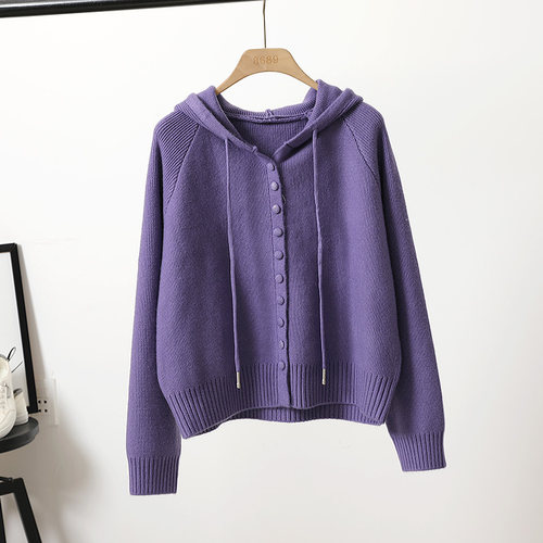 连帽韩版宽松纽扣毛衣女针织衫