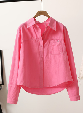 JMH3927春装新款韩版短款时尚玫红色纯棉衬衫女韩版单口袋小个子