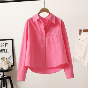 短款 韩版 时尚 玫红色纯棉衬衫 单口袋小个子 JMH3927春装 女韩版 新款