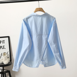 时尚小清新晴天蓝短款衬衫女春上新后背开叉宽松文艺范小个子上衣