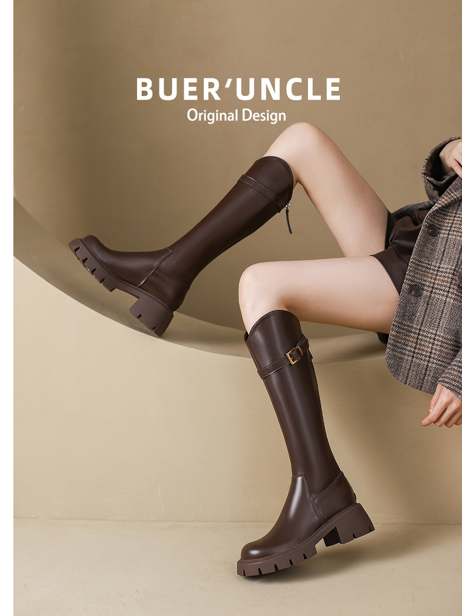 가죽 [FUER SHOE SHOP] 여성용 롱 부츠 2024 신작 가을 겨울 V 입 슬림 나이트 부츠 하이 부츠