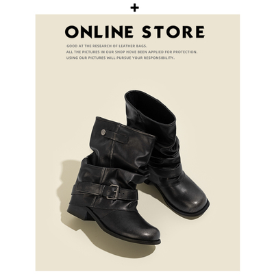 羊皮！复古裤管堆堆短靴女2025新款粗跟褶皱废土风西部牛仔马丁靴