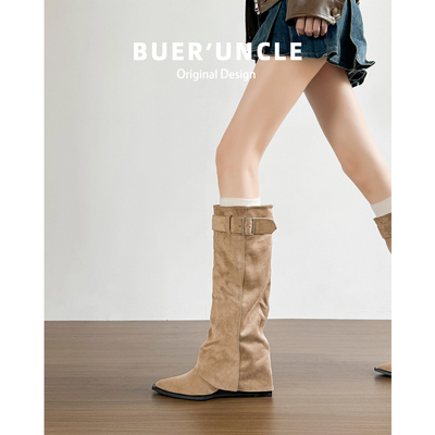羊皮~长筒靴女卡其色绒面显瘦裤管靴尖头坡跟内增高皮带扣骑士靴