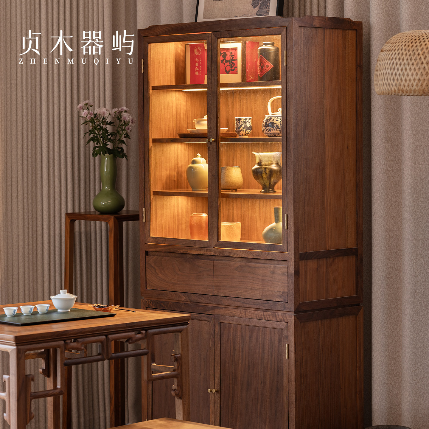 贞木器屿黑胡桃木装饰柜书房储物柜茶空间收藏柜新中式书柜博古柜,住宅家具,家用陈列柜,淘宝优惠券,粉丝福利购,淘宝优惠卷
