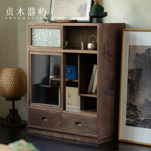 贞木器屿日式黑胡桃木展示柜