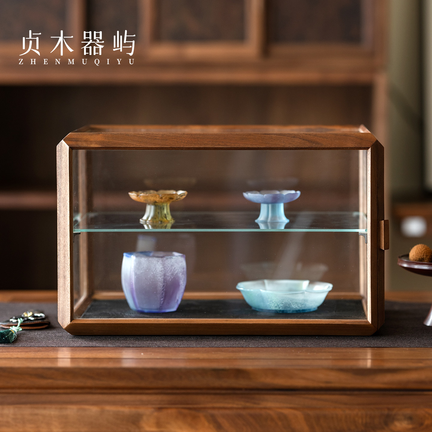 贞木器屿玻璃展示柜桌面杯架柜黑胡桃木装饰小柜茶空间器皿陈列柜