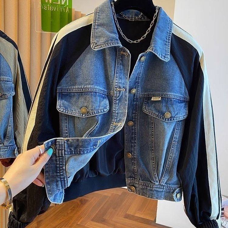 欧货轻奢定制牛仔拼接外套女春秋款时尚百搭棒球服短款夹克上衣潮