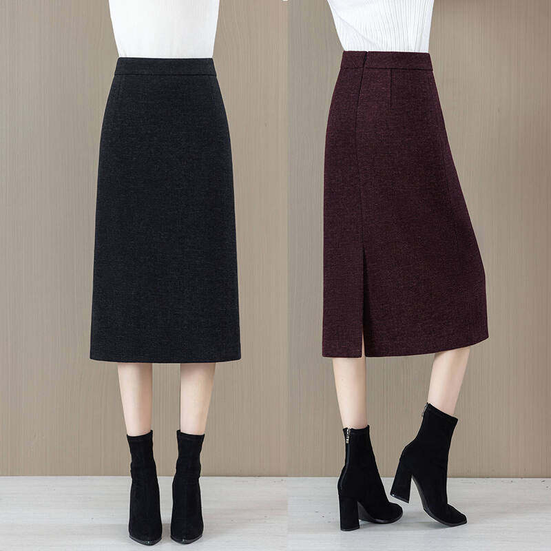 醋酸羊毛呢直筒半身裙女秋冬季高腰垂感一步裙开叉中长款包臀裙子