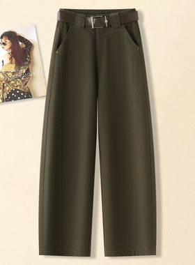 加绒军绿色弯刀工装牛仔裤女秋冬新爆款高腰宽松小个子窄版阔腿裤